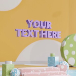 May include: A 3D rendering of the text "YOUR TEXT HERE" in purple, floating above a pink, green, and blue geometric platform. The platform is on a blue and white patterned surface. The background is a yellow wall with white circles.