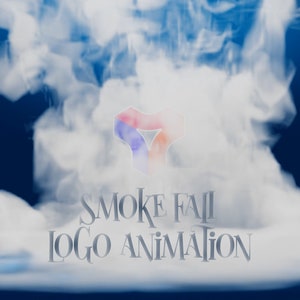 May include: A white smoke effect with a blue background. A logo with a pink, blue, and orange design is in the center of the smoke. The text "SMOKE FALL LOGO ANIMATION" is below the logo.