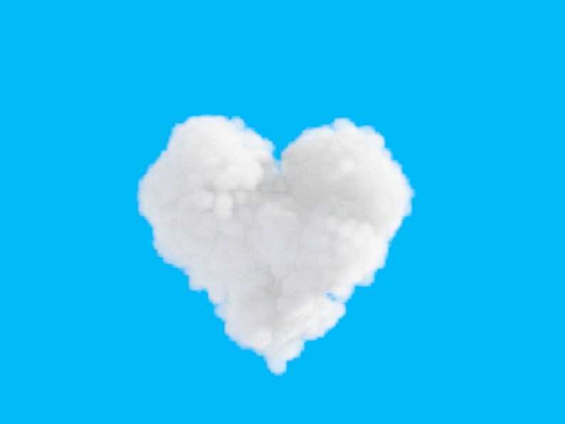Puede incluir: Una nube blanca con forma de coraz&oacute;n contra un cielo azul brillante.