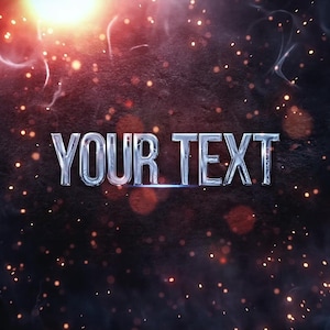 Peut inclure: Un effet de texte 3D argenté avec les mots "YOUR TEXT" sur un fond sombre avec des étincelles et de la fumée rouge et orange.
