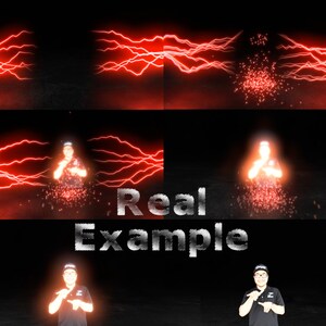 May include: A person wearing a black shirt and a black cap stands in front of a red and white lightning bolt effect. The text "Real Example" is written in white letters on a black background.