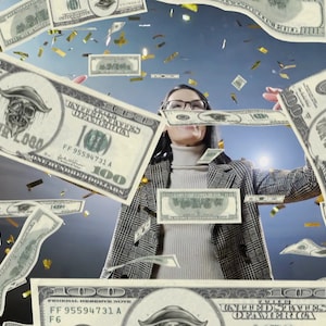 May include: A woman stands with her arms outstretched as fake money rains down around her. The money is printed with the text "YOUR LOGO" and the denomination "100".