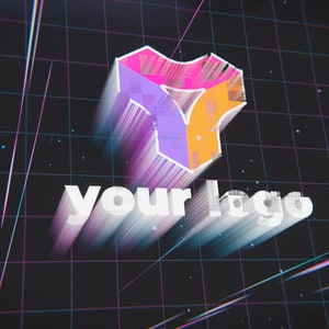 Peut inclure: Un logo 3D avec un 'Y' stylisé en rose, orange et violet, sur fond sombre avec un motif quadrillé et des traînées de lumière. Le texte 'your logo' est affiché en dessous.