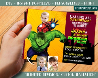 Kids Birthday Party Invitation With Photo - Avengers - Personalized - Digital File _66