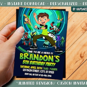 May include: A printable birthday party invitation featuring a cartoon character in a green suit with a watch on his wrist. The invitation is for a 5th birthday party and includes the name "Brandon's" and the text "Time to be a hero!!!".