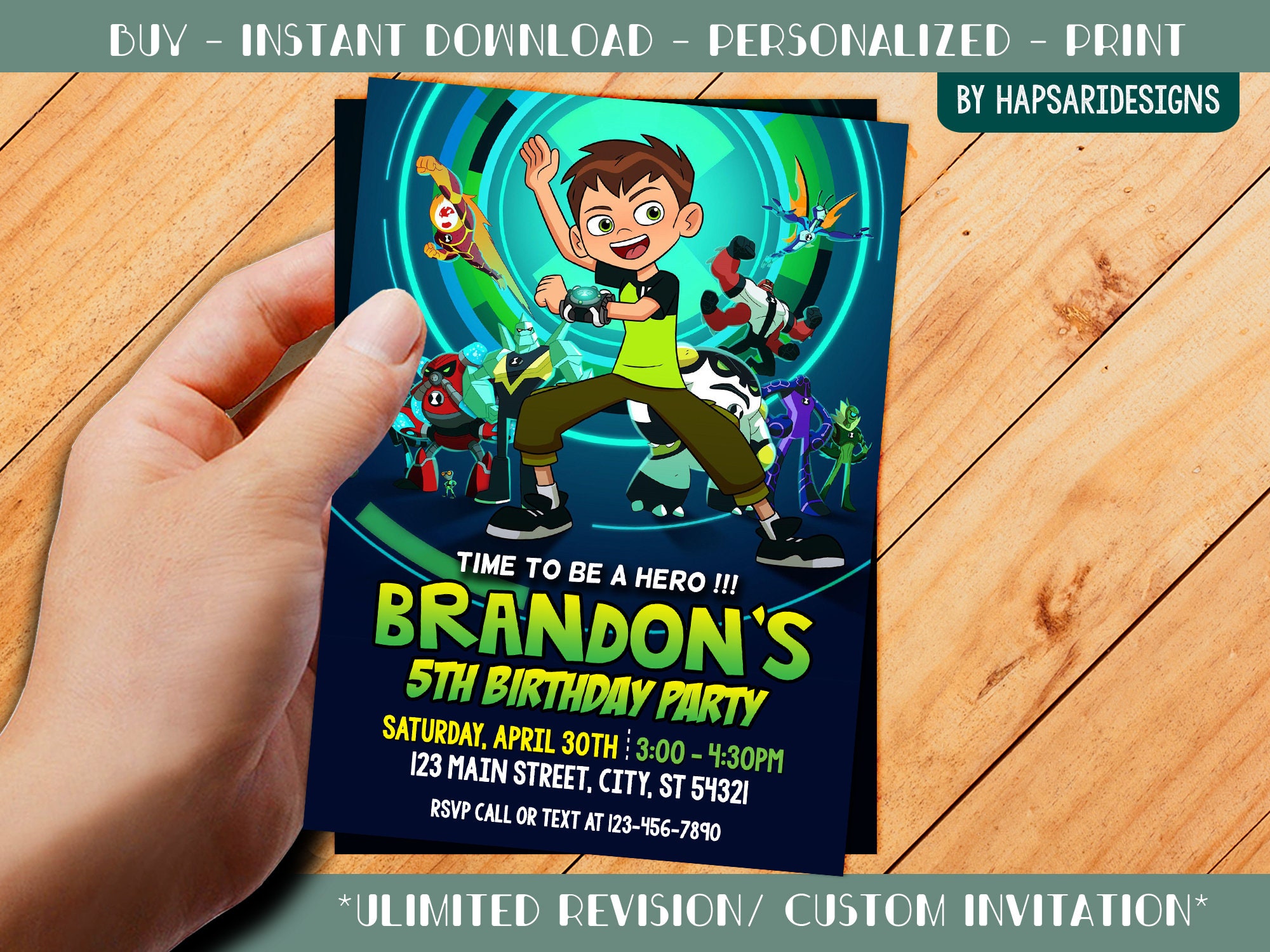 Kids Birthday Party Invitation With Photo - Ben 10 - Personalized - Digital File _70
