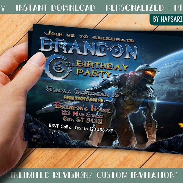 Halo Birthday Party Invitation With Photo - For Kids - Halo Spartan Assault - Custom - Personalize - Digital Only | HD 05