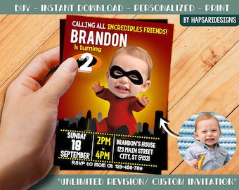 Custom Birthday Party Invitation With Photo - For Kids - The Incredibles - Jack-Jack - Personalize - Digital _23