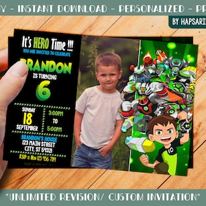 Custom Birthday Party Invitation With Photo for kid - Ben 10 - Personalize - Digital File 01