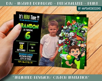 Custom Birthday Party Invitation With Photo for kid - Ben 10 - Personalize - Digital File 01