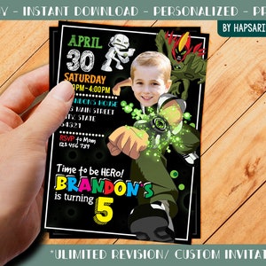 May include: Black invitation card featuring a cartoon character and a child's photo. The card includes the text "APRIL 30 SATURDAY" and "BRANDON'S is turning 5". The invitation is personalized and designed for print.