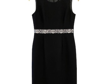 VINTAGE Kasper perlé noir sans manches Midi Cocktail robe sans manches taille 4