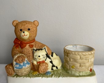 Vintage 1987 Cuddling Teddy Bear with Basket & Cat Porcelain Candle Votive