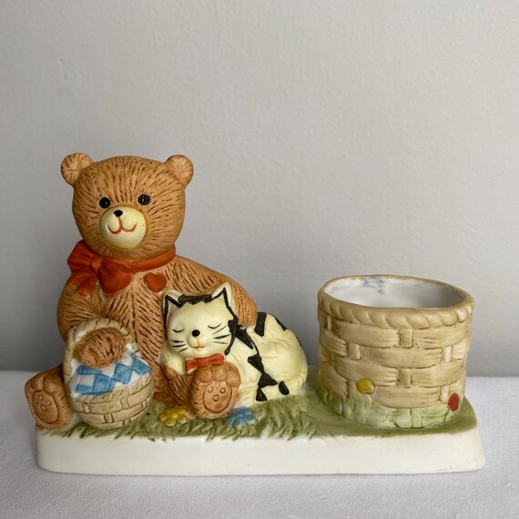 Vintage 1987 Cuddling Teddy Bear With Basket Cat Porcelain