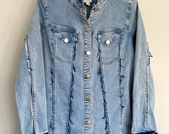 Up-Cycled Denim Wide-Hem A-frame Shabby-Chic Jacket - Slow-Fashion / BOHO OOAK