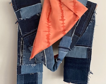 Up-cycled Long Denim Patchwork Scarf - Blue & Orange Streetwear PLUS Free Bandana / Slow-Fashion / BOHO OOAK