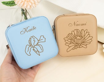 Travel Jewelry Box, Personalized Birth FlowerJewelry Case, Bridesmaid Gift for Women, Engraved Jewelry Box, Leather Jewelry Organizer