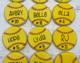 Custom Sugar Cookies Ultra Deluxe Personalized Elaborate Design softball baseball player names numbers ONE DOZEN (12)