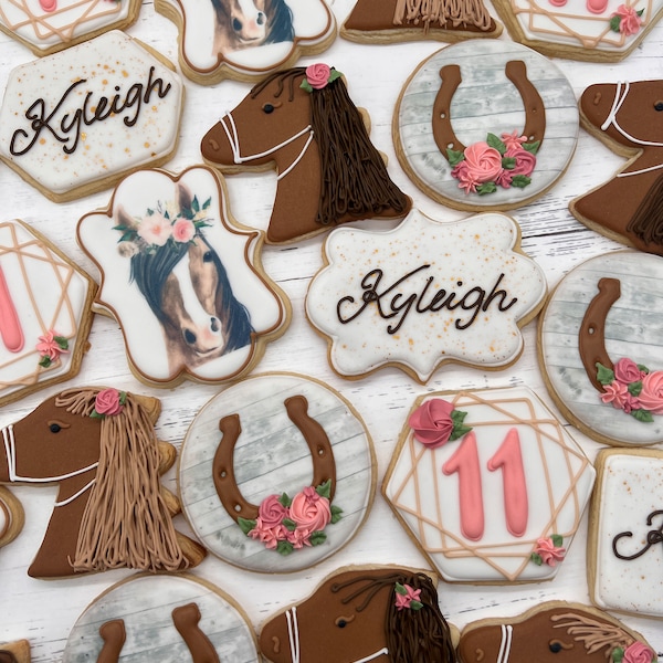 Custom Sugar Cookies Ultra Deluxe Personalized Elaborate Design Woodland Horse Pony Equestrian horseshoe birthday ONE DOZEN (12)