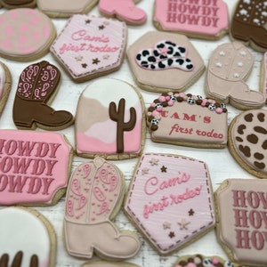 24 two dozen Custom Sugar Cookies Ultra Deluxe Personalized Elaborate howdy First Rodeo cowboy cow girl boots Birthday favors