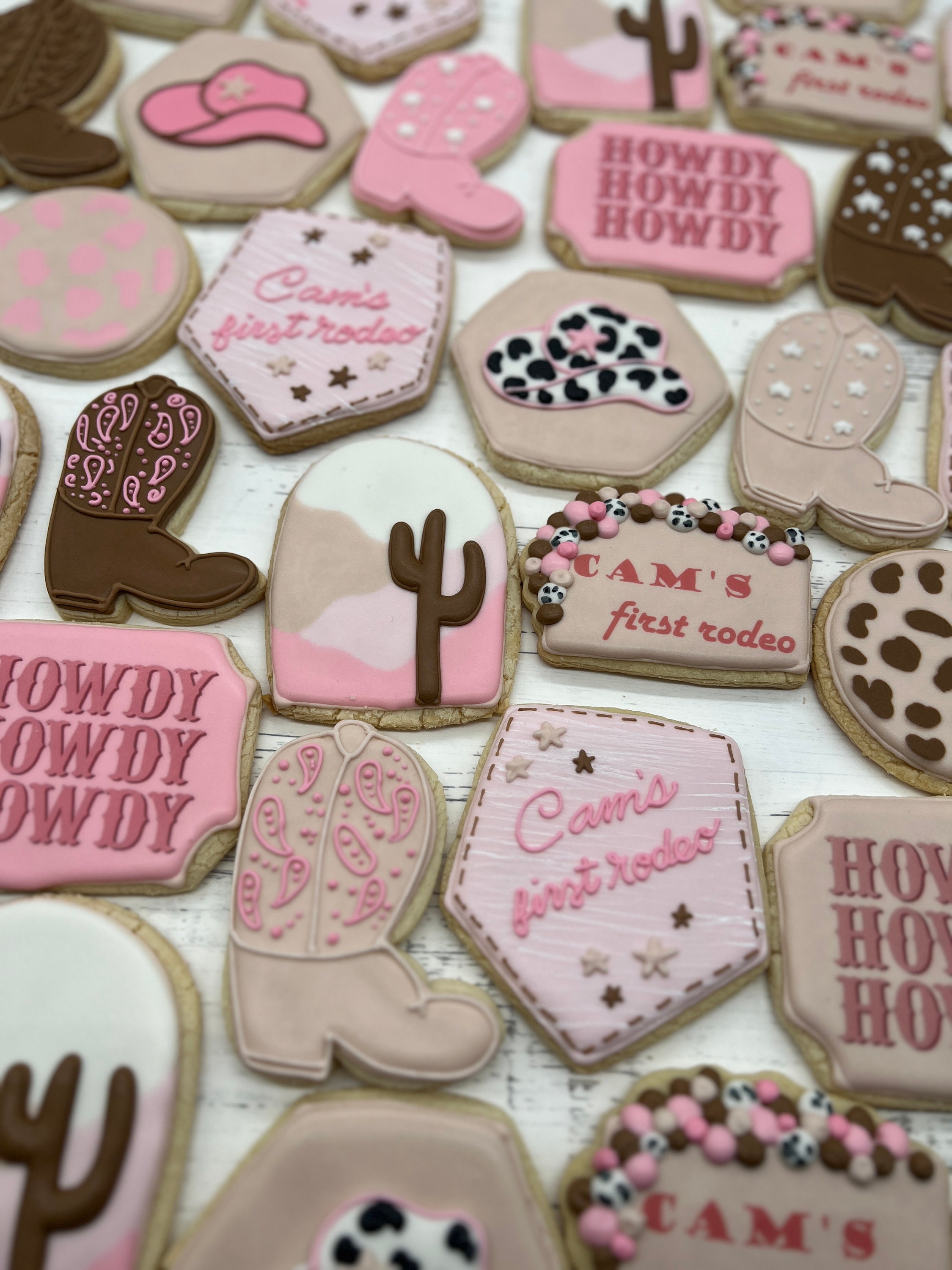 24 two dozen Custom Sugar Cookies Ultra Deluxe Personalized Elaborate howdy First Rodeo cowboy cow girl boots Birthday favors