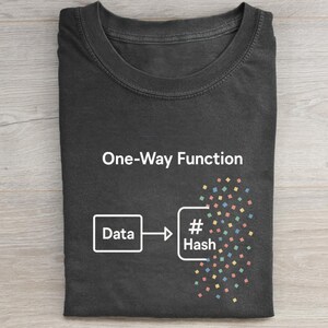 May include: Dark gray t-shirt with the words "One-Way Function" and a diagram illustrating data transformation. The diagram shows "Data" converting to "# Hash" with a colorful array of squares.