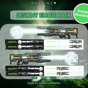 Könnte beinhalten: Destiny 2 Emote-Paket mit vier verschiedenen Größen von Emotes: 28x28, 56x56 und 112x112 Pixel. Die Emotes zeigen eine futuristische Waffe mit einem blau-goldenen Farbschema. Die Emotes sind für die Verwendung im Videospiel Destiny 2 konzipiert.