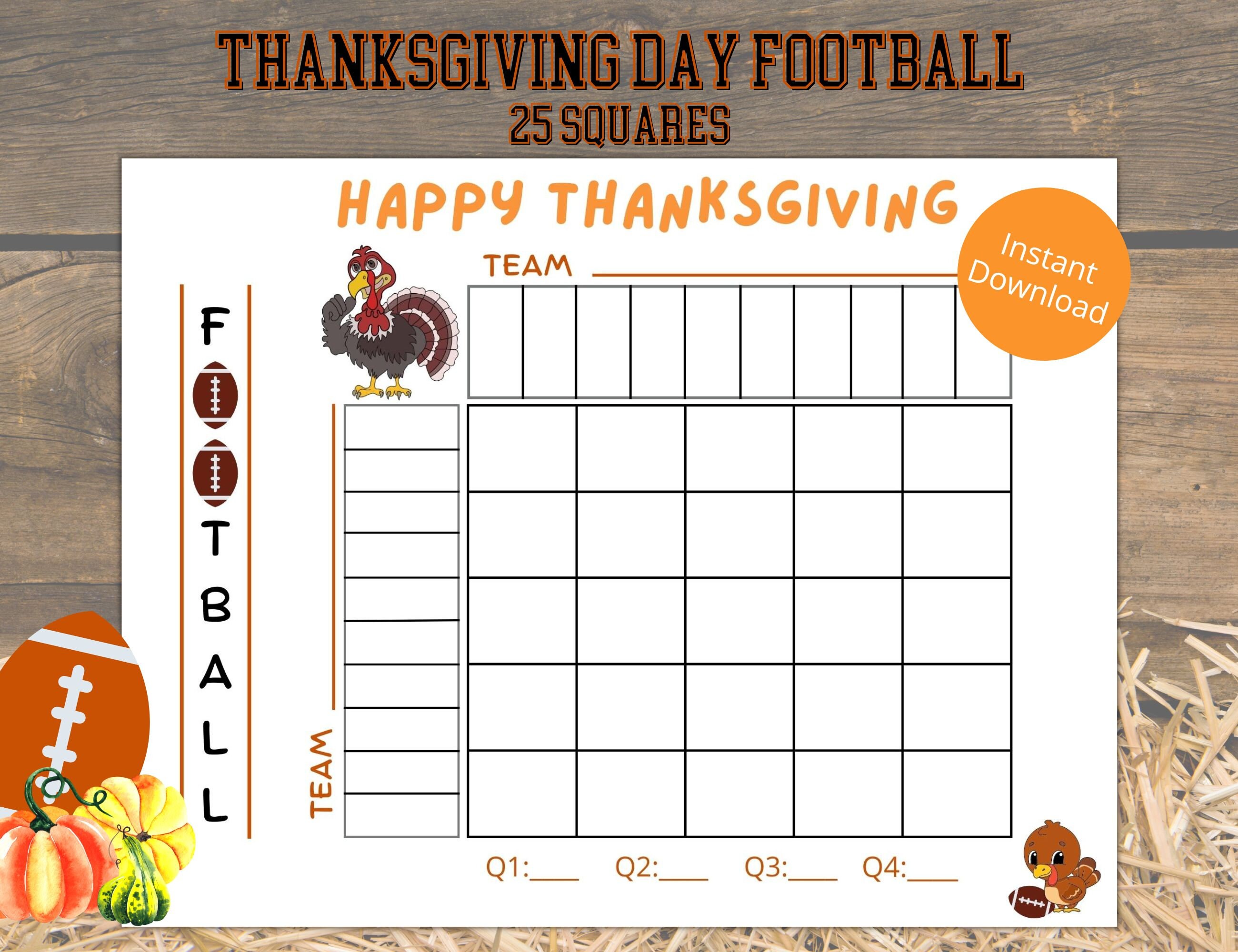 Thanksgiving Football 25 Squares Game, Thanksgiving Football Pool Printable, Thanksgiving Square