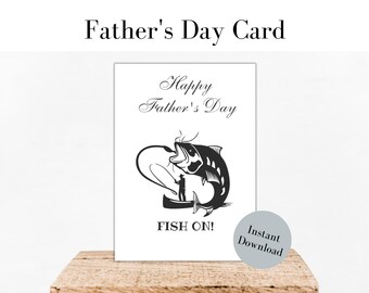 Father's Day Card Printable, Happy Father's Day Black & White Card, Instant Download Father's Day Card, Fishing Theme Father's Day Card