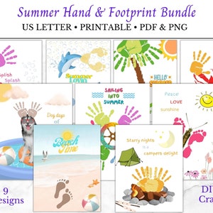Summer Art Handprint Craft Bundle, handafdrukkit voor peuters Pre-k afdrukbaar, 9 verschillende ontwerpen, 6 zomerhandafdrukken en 3 zomervoetafdruk