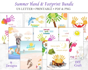 May include: A set of nine summer-themed printable designs featuring handprints and footprints. Designs include a fish, dolphin, palm tree, crab, dog, beach scene, campfire, and butterfly. Text includes "Summer Hand & Footprint Bundle".
