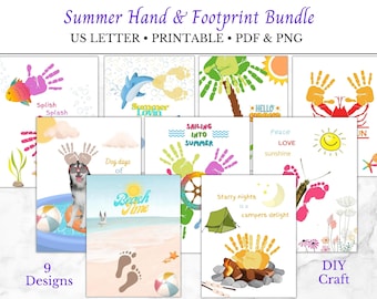 Summer Art Handprint Craft Bundle, Handprint Kit for Toddlers Pre-k Printable, 9 Different Designs, 6 Summer Handprints & 3 Summer Footprint