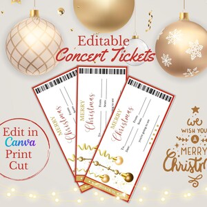 May include: Three printable Christmas concert tickets with a red border and gold accents. The tickets have the text "Merry Christmas" and space to fill in the details of the concert. The tickets are decorated with gold ornaments and a gold ribbon.