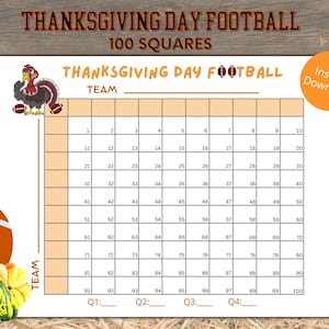 Thanksgiving Football 100 Squares Printable Game, Football Pool Pour Thanksgiving Day Games, Thanksgiving Square Card,