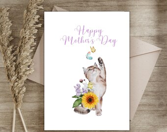 Cartão de Dia das Mães para impressão, Feliz Dia das Mães, Cartão de download instantâneo, Cartão temático de gato