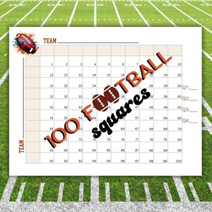 May include: A printable 100 square grid with a football graphic and the text "100 FOOTBALL squares" in the center. The grid is divided into 10 rows and 10 columns, with numbers 1 through 100 in each square. The grid is labeled "TEAM" at the top and bottom. There are also four blank lines labeled "Q1:", "Q2:", "Q3:", and "Q4:" on the right side of the grid.