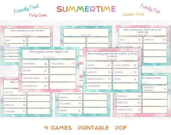 Summer Friendly Feud Game Imprimible Family Feud Trivia Game Summer Party Quiz Game Trivia Game para niños y adultos, Noche de juegos de vacaciones de verano