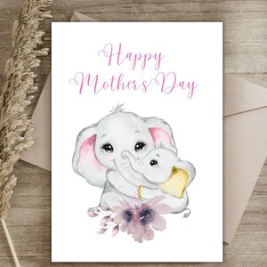 Printable Mother&#39;s Day Card, Happy Mother&#39;s Day, Instant Download Card, Card for mom, Elephant Theme printable