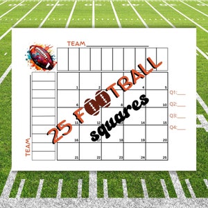 Football 25 Squares Game, Football Squares Grid Printable, Superbowl Square Card, Super bowl Boxes,  Sunday Football