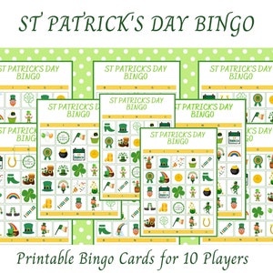 Pode incluir: Um conjunto de cartelas de Bingo do Dia de São Patrício. Cada cartão apresenta uma grade com várias imagens temáticas como arco-íris, duendes e trevos. O texto "St Patrick's Day Bingo" é exibido na parte superior de cada cartão. O fundo é verde claro com bolinhas brancas.