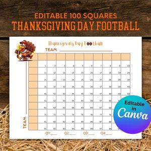Jeu de football modifiable Canva pour Thanksgiving, 100 carrés à imprimer, piscine de football pour Thanksgiving, carte carrée pour Thanksgiving,