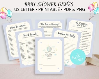 Baby Shower Games Printable, Baby Shower Game Bundle with 20 Pages & 12 Games, Answer Sheets Included | Blue Bear theme games printable