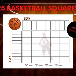 Basketbal 25 vierkanten Spel NCAA Basketbalvierkanten Raster Afdrukbaar March Madness Vierkante kaart Inzetvierkanten March Madness Dozen Kantoorinzet