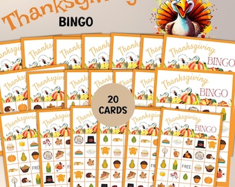 May include: Twenty Thanksgiving Bingo cards featuring a turkey illustration and the words "Thanksgiving Bingo" on each card. The cards include images of pumpkins, corn, pie, acorns, and other Thanksgiving-themed items.
