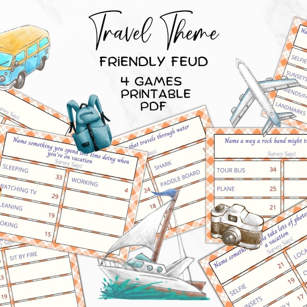 Travel Themed Friendly Feud Game Printable, Travel Trivia Game, Friendly Feud Printable, Travel Game for teens and adults