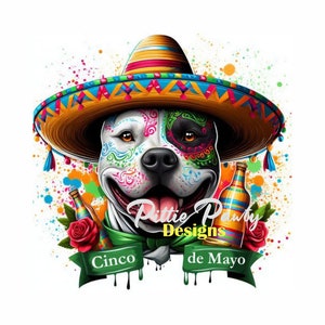 PNG Digital Download - Cinco De Mayo Pitbull Sugar Skull Face - Pit bull Bully Dog - PNG Art Sublimation Design for Shirt and Decal Stickers