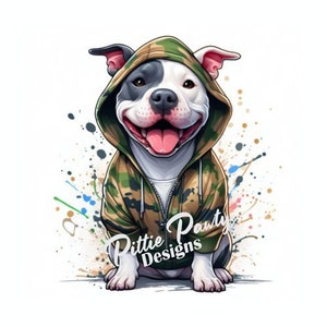 May include: A white and black pit bull terrier wearing a camouflage hoodie with the text "Pittie Party Designs" on the front. The dog is sitting on a colorful background with paint splatters.