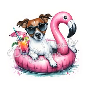 PNG Digital Download - Jack Russell Terrier na pływającym flamingu I - Pies plażowy - PNG Drukowany projekt sublimacji na koszulki i naklejki