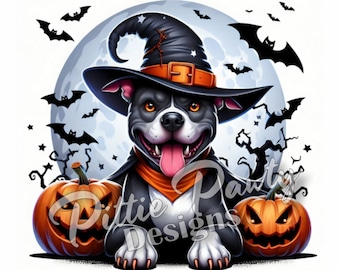 May include: A black and white pit bull dog wearing a witch's hat and a black and orange scarf, holding two jack-o'-lantern pumpkins in front of a full moon with bats flying around it.