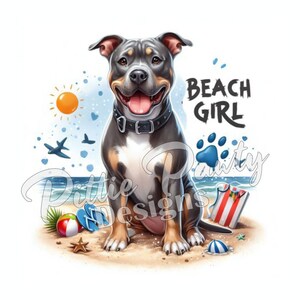 PNG Digital Download - Beach Girl Pitbull Dog II - Pit bull Bully Beach PNG Vivid Color Art Sublimation Design for Shirt and Decals